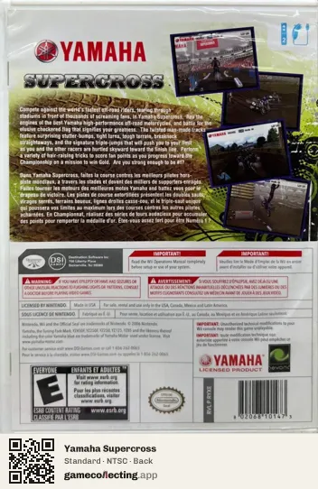 Yamaha Supercross Nintendo Wii, NTSC box back