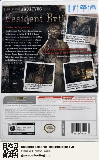 Resident Evil Archives: Resident Evil Nintendo Wii, NTSC box back