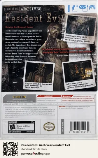 Resident Evil Archives: Resident Evil Nintendo Wii, NTSC box back