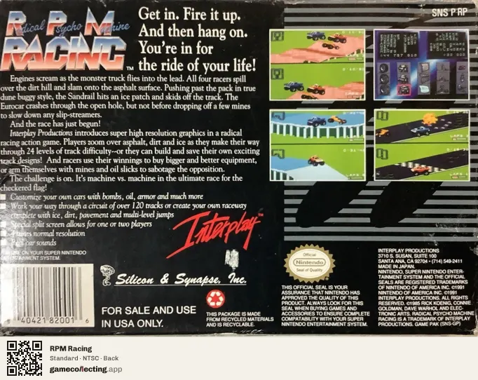 RPM Racing Super Nintendo Entertainment System, NTSC box back