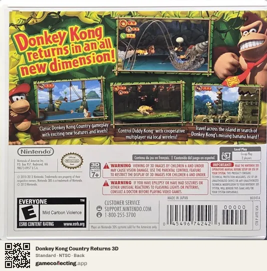 Donkey Kong Country Returns 3D Nintendo 3DS, NTSC box back