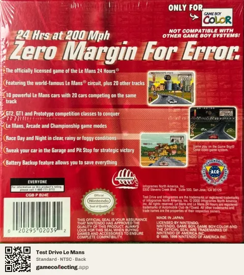 Test Drive Le Mans Game Boy Color, NTSC box back