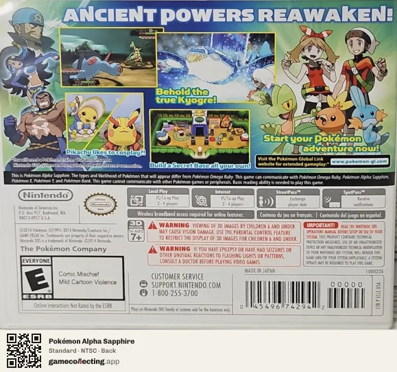 Pokémon Alpha Sapphire Nintendo 3DS, NTSC box back