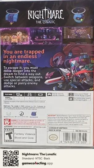 Nightmare: The Lunatic Nintendo Switch, NTSC box back