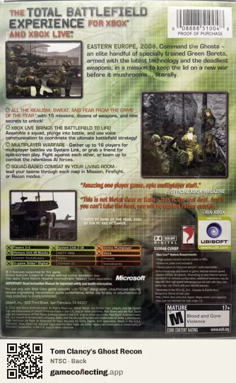 Tom Clancy's Ghost Recon Xbox, NTSC box back