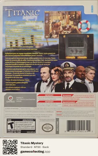 Titanic Mystery Nintendo Wii, NTSC box back