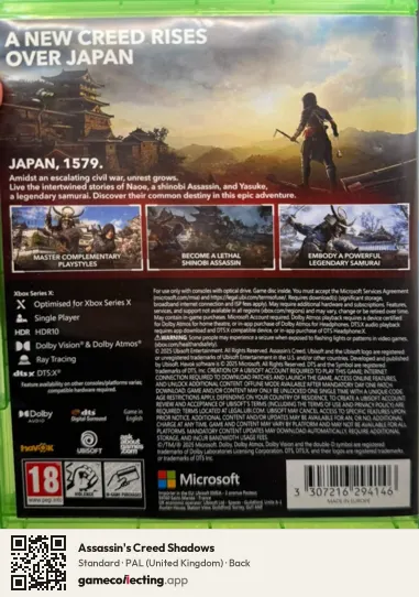 Assassin's Creed Shadows Xbox Series X, United Kingdom box back