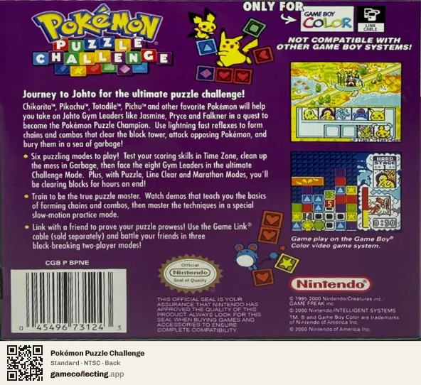Pokémon Puzzle Challenge Game Boy Color, NTSC box back
