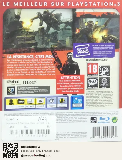 Resistance 3 PlayStation 3, France box back
