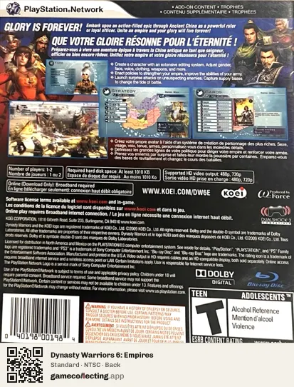 Dynasty Warriors 6: Empires PlayStation 3, NTSC box back