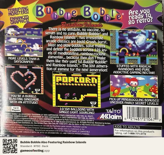 Bubble Bobble Also Featuring Rainbow Islands PlayStation, NTSC box back