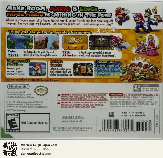 Mario & Luigi: Paper Jam Nintendo 3DS, NTSC box back