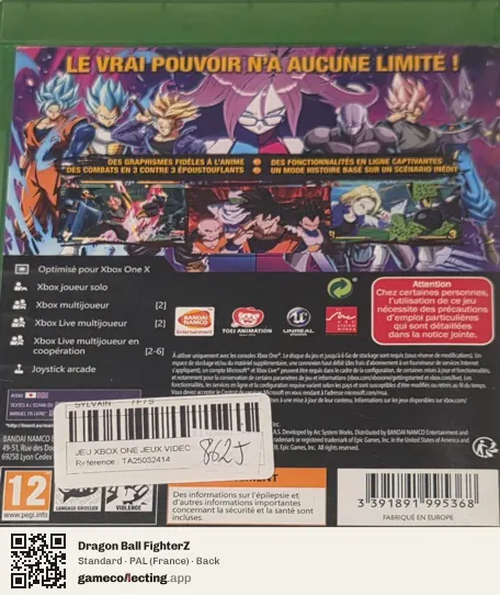 Dragon Ball FighterZ Xbox One, France box back