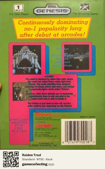 Raiden Trad Sega Mega Drive / Genesis, NTSC box back