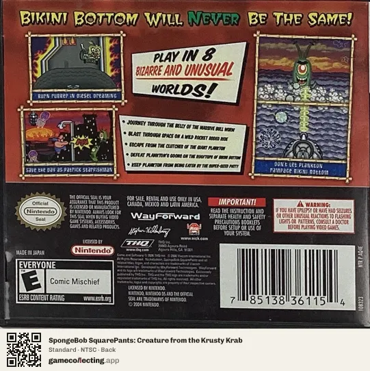 SpongeBob SquarePants: Creature from the Krusty Krab Nintendo DS, NTSC box back