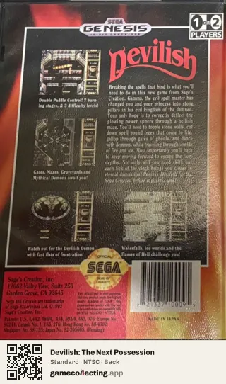 Devilish: The Next Possession Sega Mega Drive / Genesis, NTSC box back