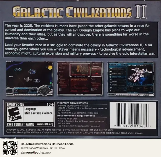 Galactic Civilizations II: Dread Lords Computer, NTSC box back