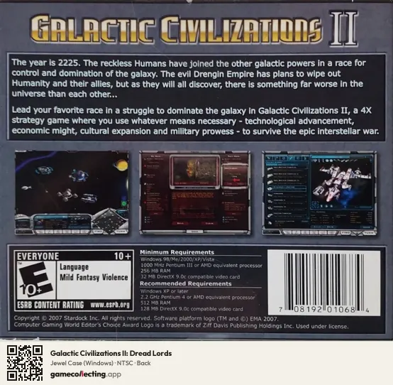 Galactic Civilizations II: Dread Lords Computer, NTSC box back