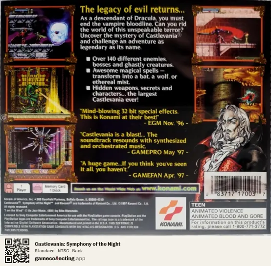 Castlevania: Symphony of the Night PlayStation, NTSC box back
