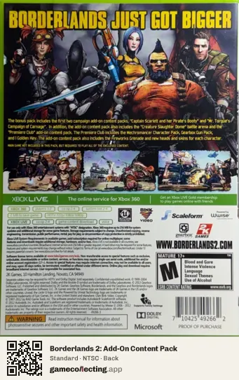 Borderlands 2: Add-On Content Pack Xbox 360, NTSC box back