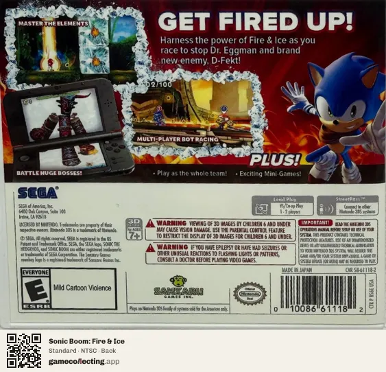 Sonic Boom: Fire & Ice Nintendo 3DS, NTSC box back
