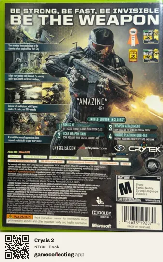 Crysis 2 Xbox 360, NTSC box back