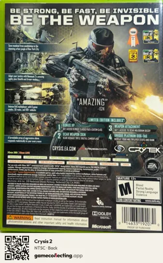 Crysis 2 Xbox 360, NTSC box back