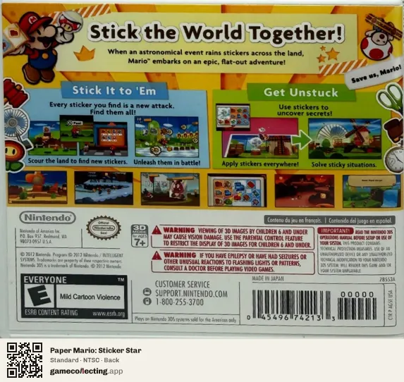 Paper Mario: Sticker Star Nintendo 3DS, NTSC box back