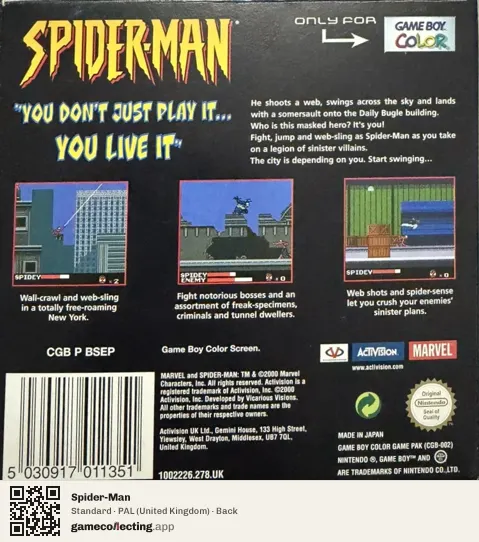 Spider-Man Game Boy Color, United Kingdom box back