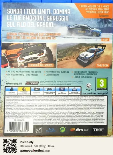 Dirt Rally PlayStation 4, Italy box back