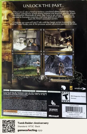 Tomb Raider: Anniversary Xbox 360, NTSC box back