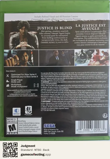 Judgment Xbox Series X, NTSC box back