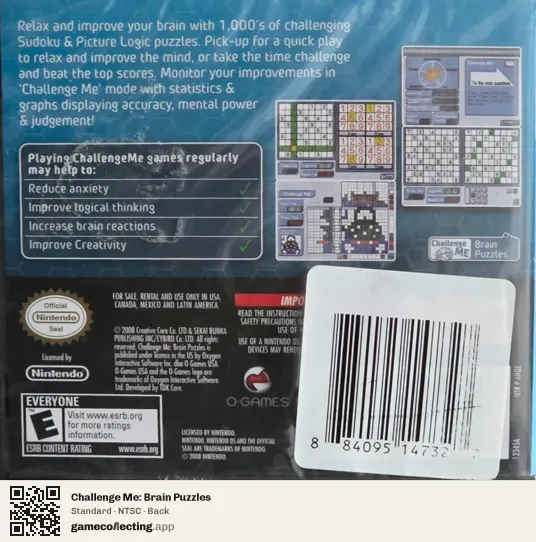 Challenge Me: Brain Puzzles Nintendo DS, NTSC box back