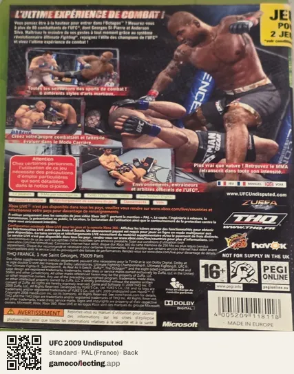 UFC 2009 Undisputed Xbox 360, France box back