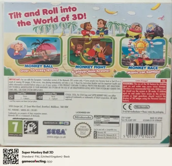 Super Monkey Ball 3D Nintendo 3DS, United Kingdom box back