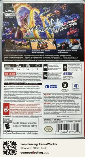 Sonic Racing: CrossWorlds Nintendo Switch, NTSC box back