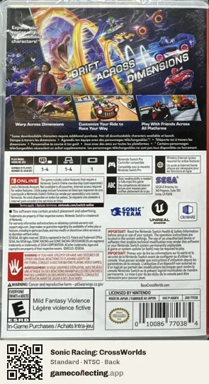 Sonic Racing: CrossWorlds Nintendo Switch, NTSC box back