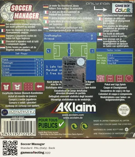 Soccer Manager Game Boy Color, Italy box back