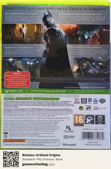 Batman: Arkham Origins Xbox 360, France box back
