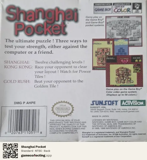 Shanghai Pocket Game Boy Color, NTSC box back