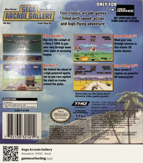 Sega Arcade Gallery Game Boy Advance, NTSC box back
