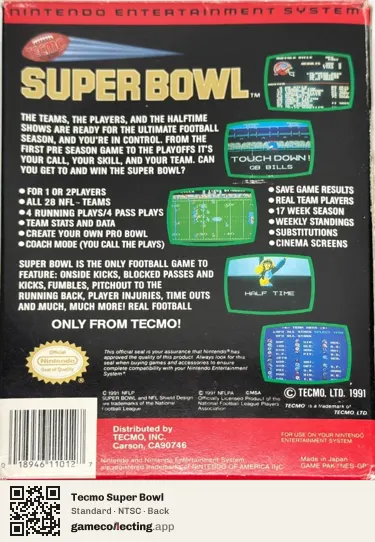 Tecmo Super Bowl Nintendo Entertainment System, NTSC box back