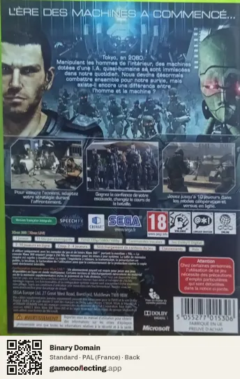 Binary Domain Xbox 360, France box back