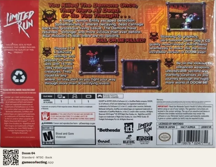 Doom 64 Nintendo Switch, NTSC box back