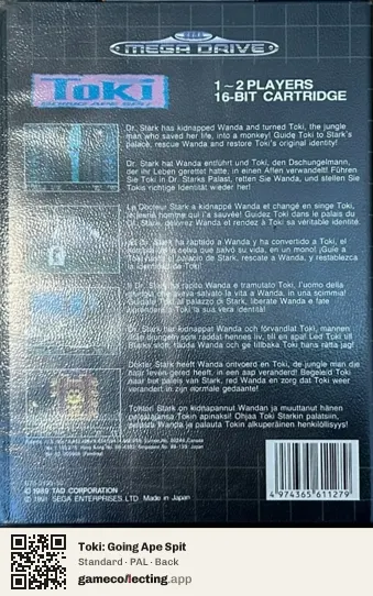 Toki: Going Ape Spit Sega Mega Drive / Genesis, PAL box back