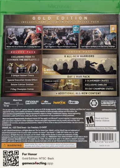 For Honor Xbox One, NTSC box back