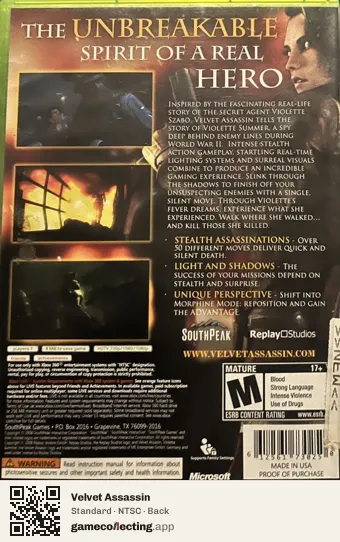 Velvet Assassin Xbox 360, NTSC box back