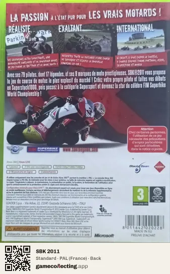 SBK 2011 Xbox 360, France box back