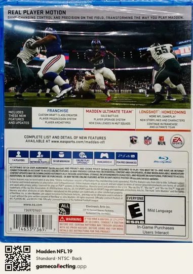 Madden NFL 19 PlayStation 4, NTSC box back