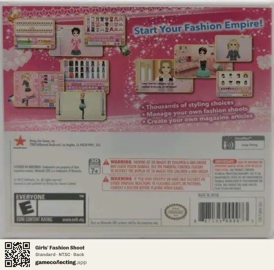 Girls' Fashion Shoot Nintendo 3DS, NTSC box back